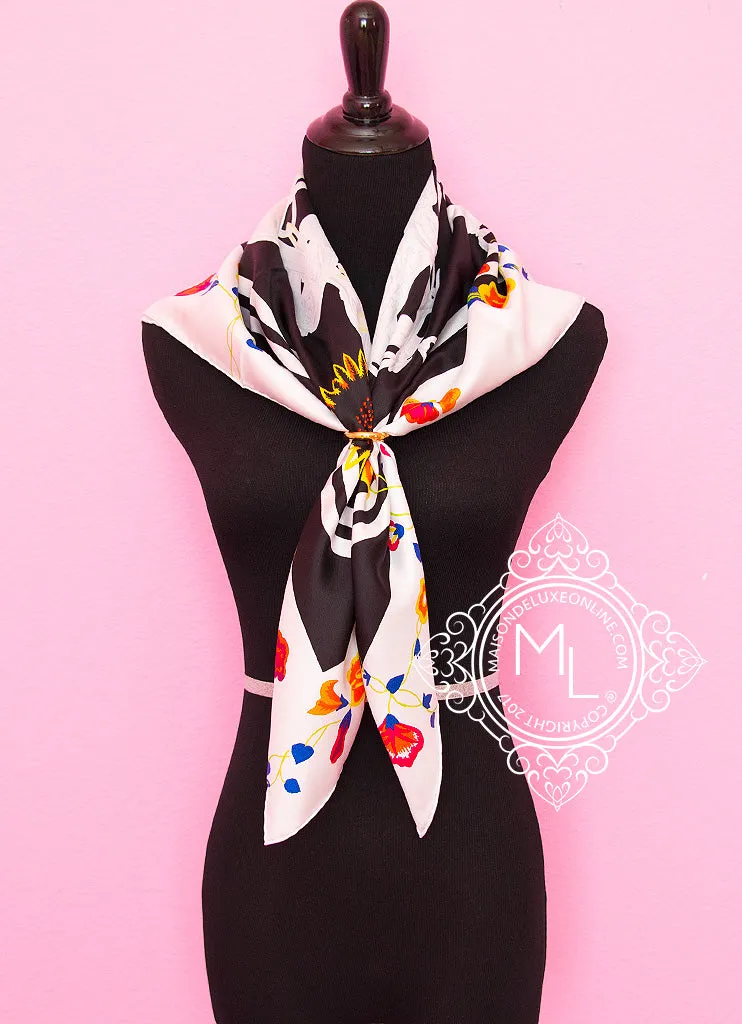 Hermes Black Twill Silk 90 cm Brides Fleuries Scarf