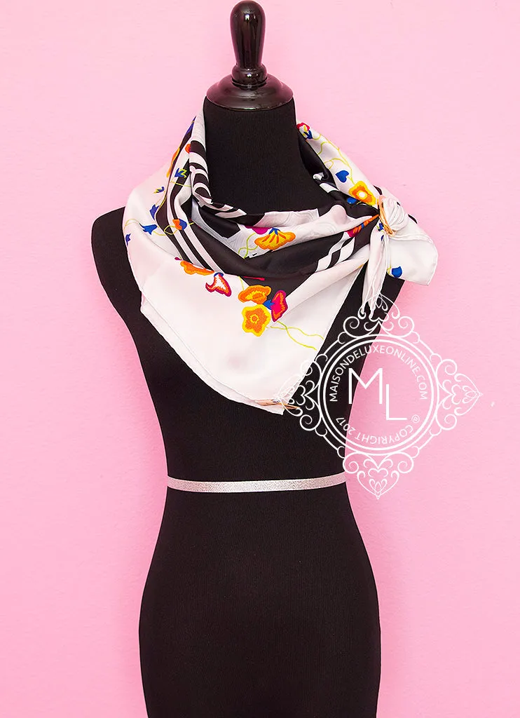 Hermes Black Twill Silk 90 cm Brides Fleuries Scarf