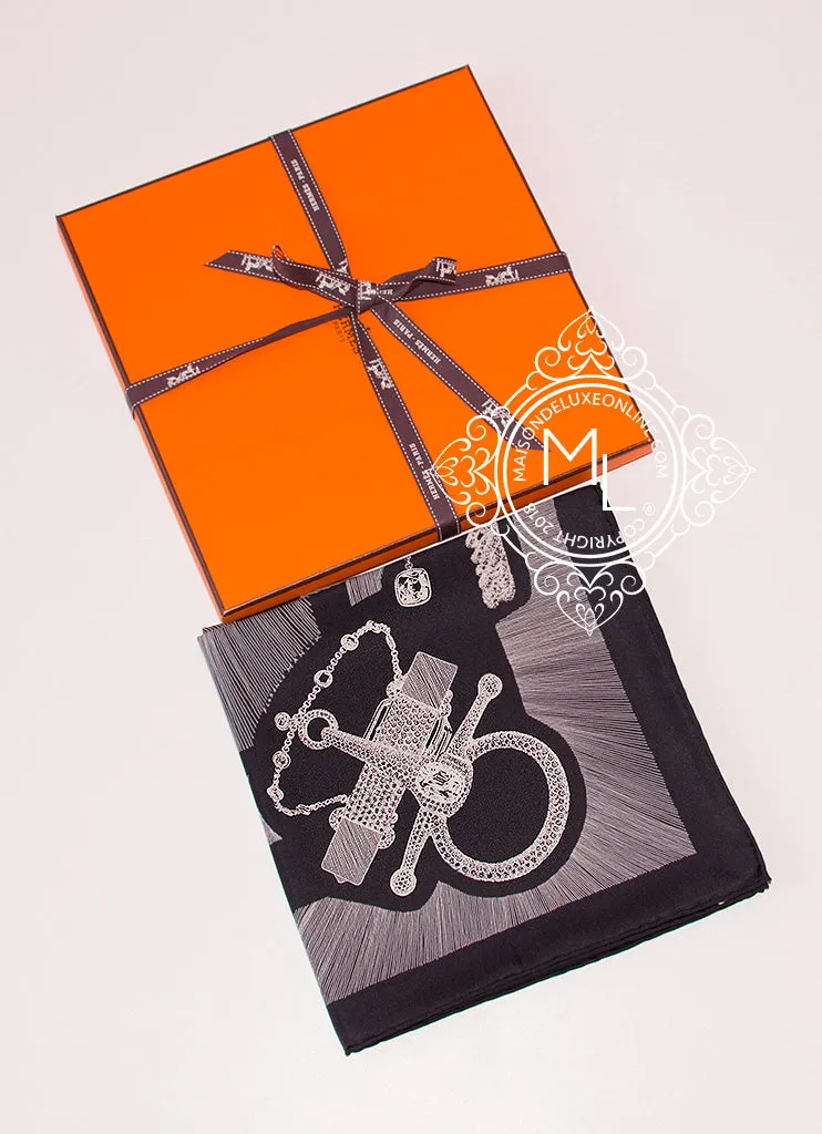 Hermes Black Twill Silk 90 cm Etude pour une Parure de Gala Scarf