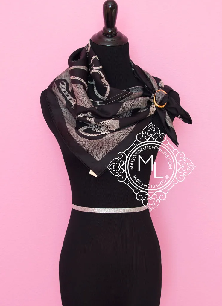 Hermes Black Twill Silk 90 cm Etude pour une Parure de Gala Scarf