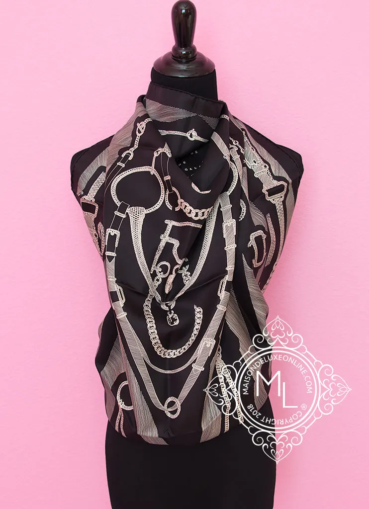 Hermes Black Twill Silk 90 cm Etude pour une Parure de Gala Scarf