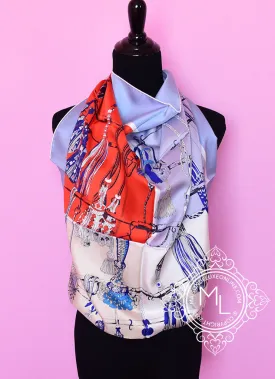 Hermes Blue Creme Twill Silk 90 cm Passementerie Quadri Scarf