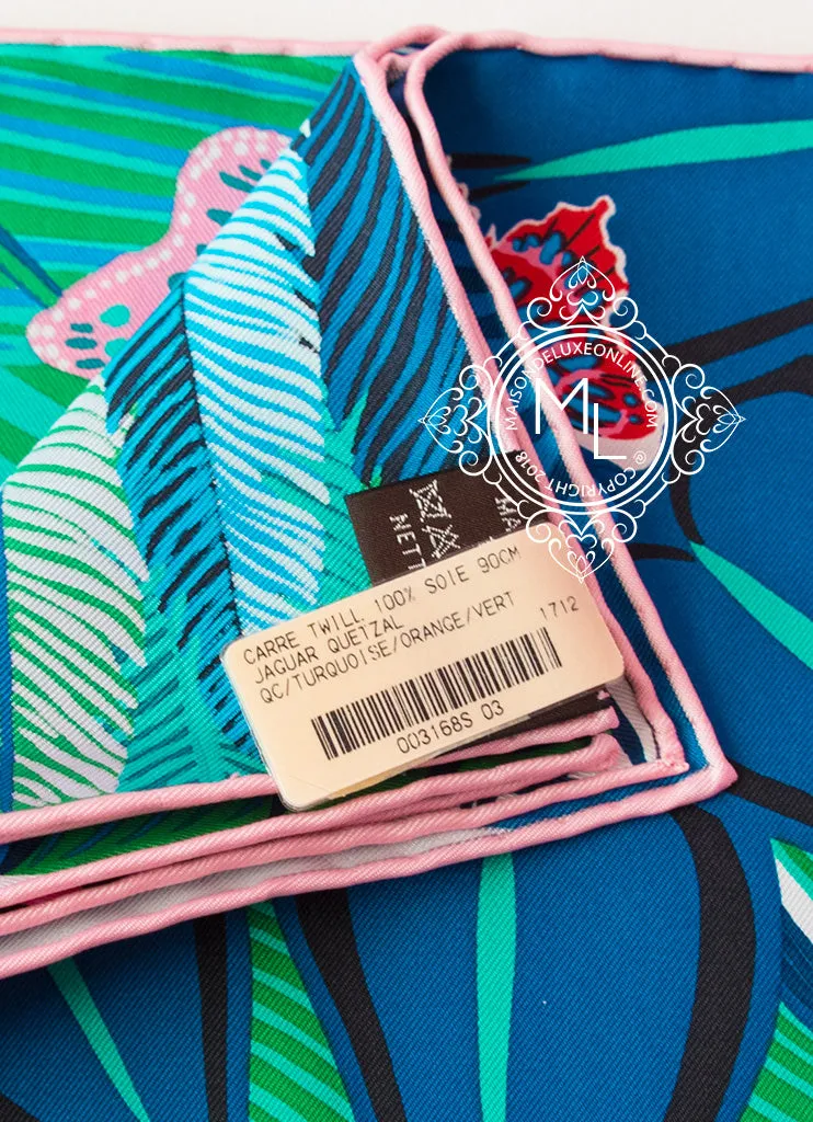 Hermes Blue Green Twill Silk 90 cm Jaguar Quetzal Scarf