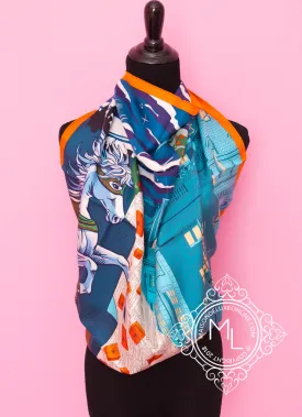 Hermes Blue Orange Twill Silk 90 cm Space Shopping au Faubourg Scarf