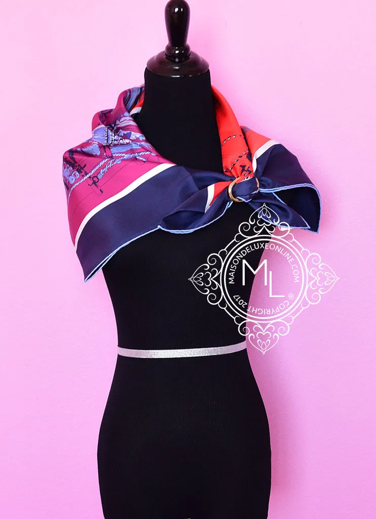 Hermes Blue Red Twill Silk 90 cm Passementerie Quadri Scarf