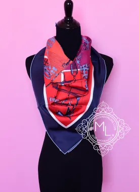 Hermes Blue Red Twill Silk 90 cm Passementerie Quadri Scarf