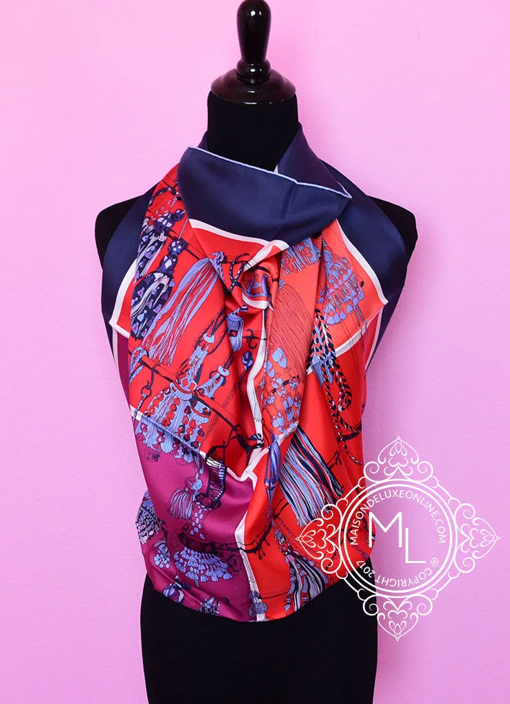 Hermes Blue Red Twill Silk 90 cm Passementerie Quadri Scarf