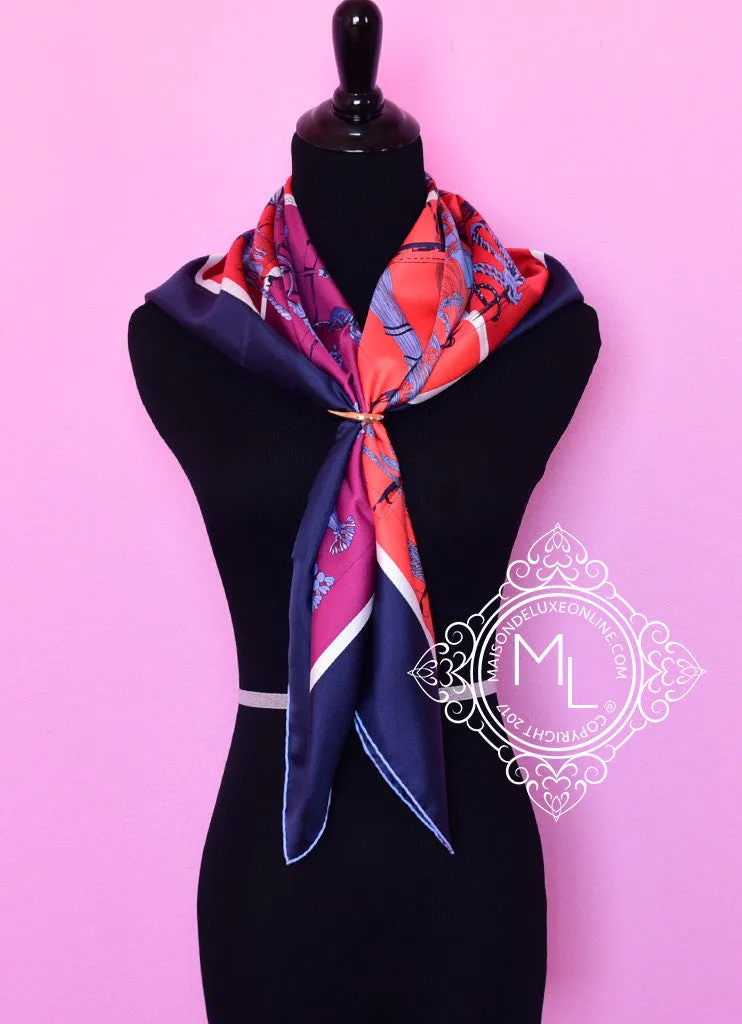 Hermes Blue Red Twill Silk 90 cm Passementerie Quadri Scarf