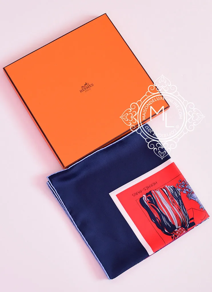 Hermes Blue Red Twill Silk 90 cm Passementerie Quadri Scarf