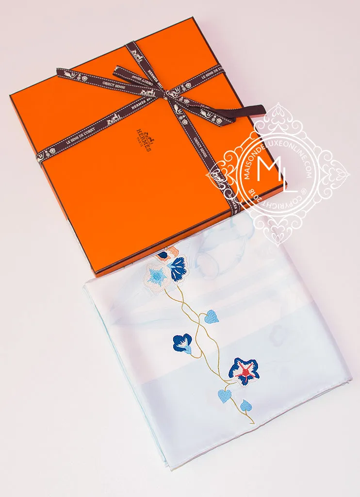 Hermes Blue Twill Silk 90 cm Brides Fleuries Scarf