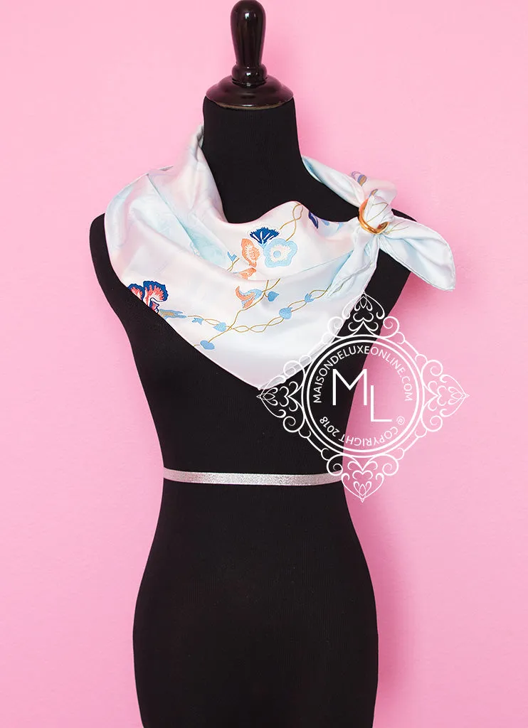 Hermes Blue Twill Silk 90 cm Brides Fleuries Scarf