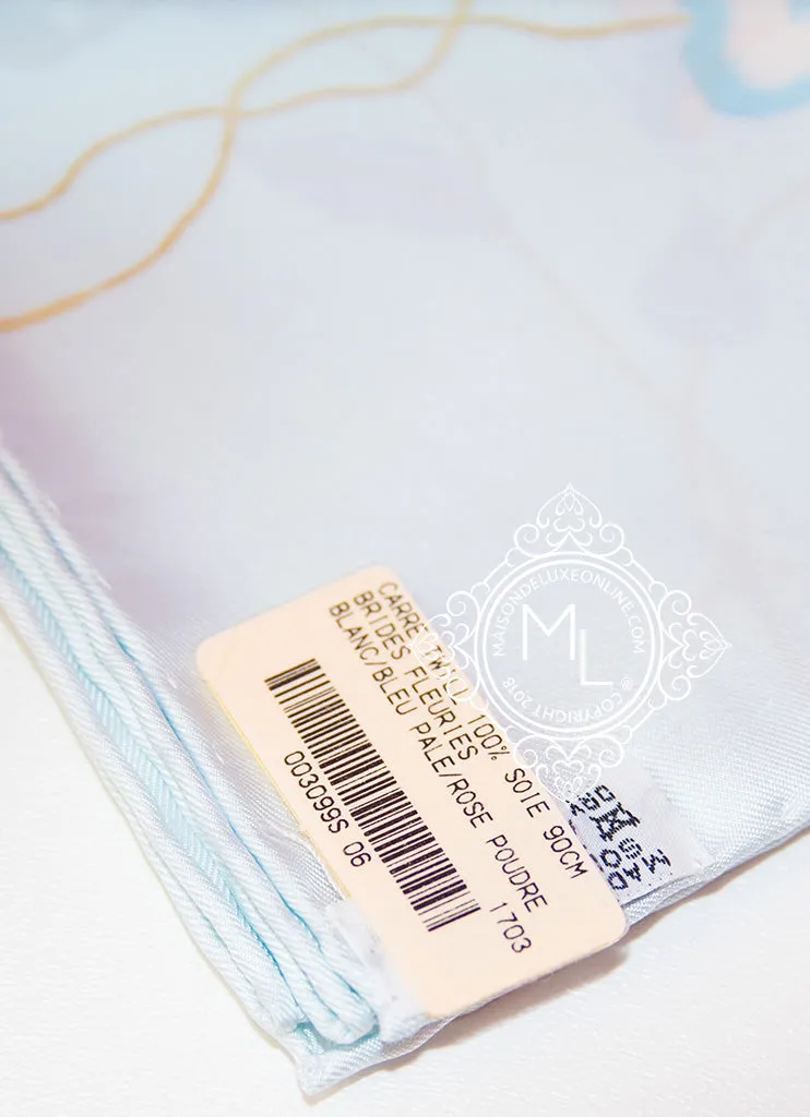 Hermes Blue Twill Silk 90 cm Brides Fleuries Scarf