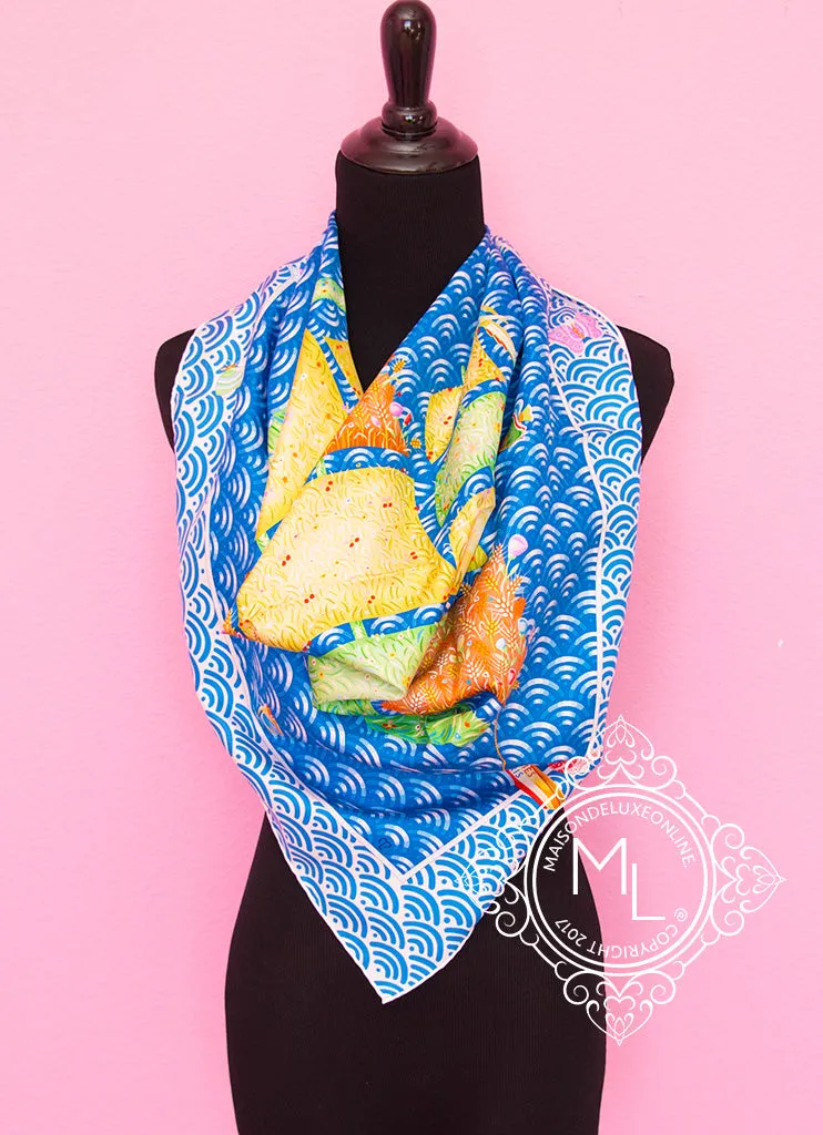 Hermes Blue Yellow Twill Silk 90 cm Bateau Fleuri Scarf