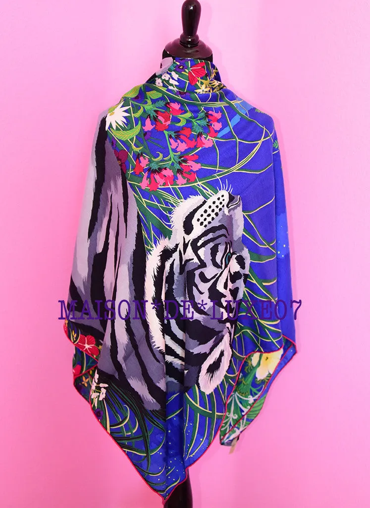 Hermes Cashmere 140 GM Tyger Tyger Blue Fuchsia Shawl Scarf