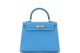 HERMES KELLY 25CM (STAMP C) BLUE ZANZIBAR CHEVRE LEATHER GOLD HARDWARE, WITH KEYS, LOCK, STRAP, RAINCOAT, DUST COVER & BOX