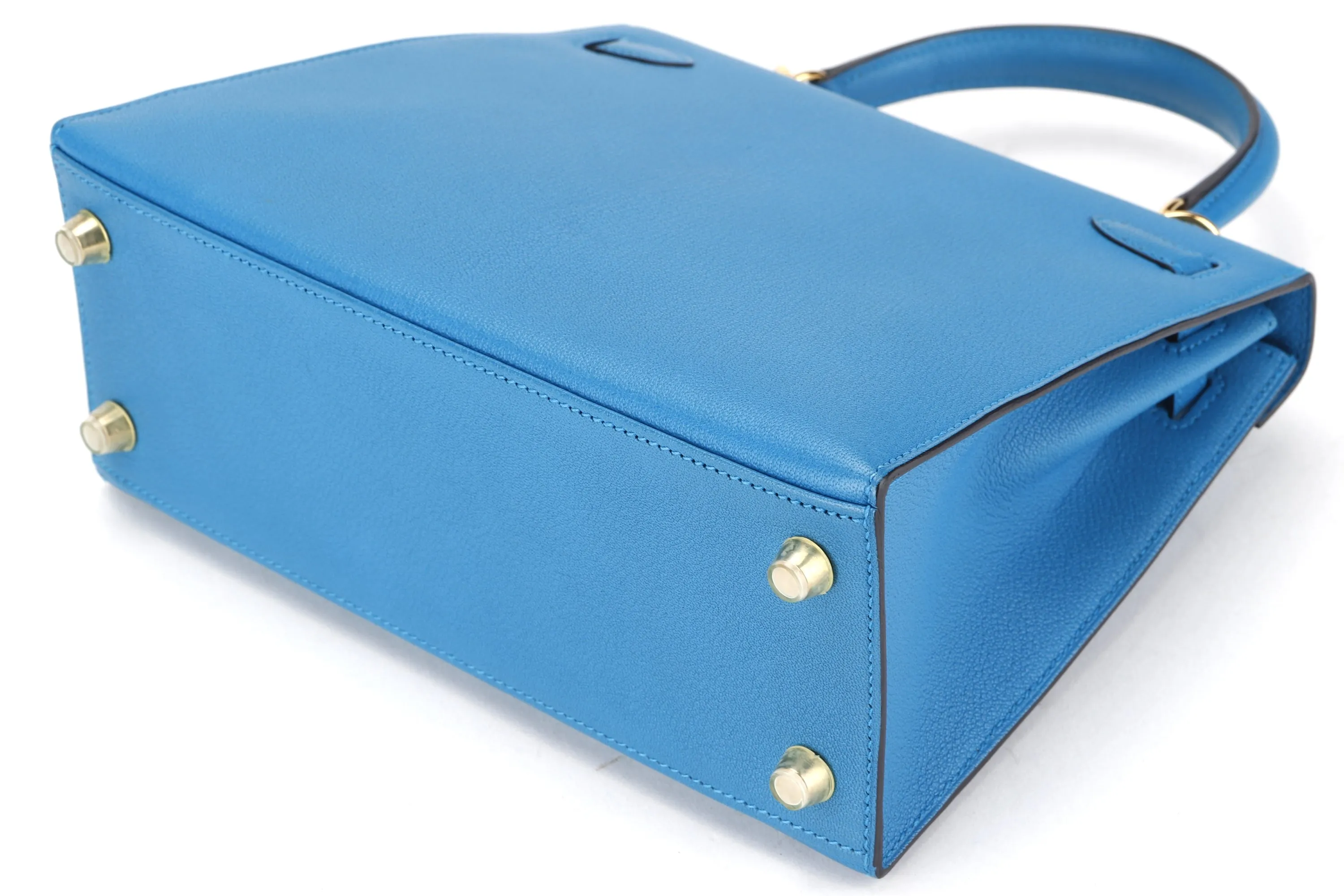 HERMES KELLY 25CM (STAMP C) BLUE ZANZIBAR CHEVRE LEATHER GOLD HARDWARE, WITH KEYS, LOCK, STRAP, RAINCOAT, DUST COVER & BOX