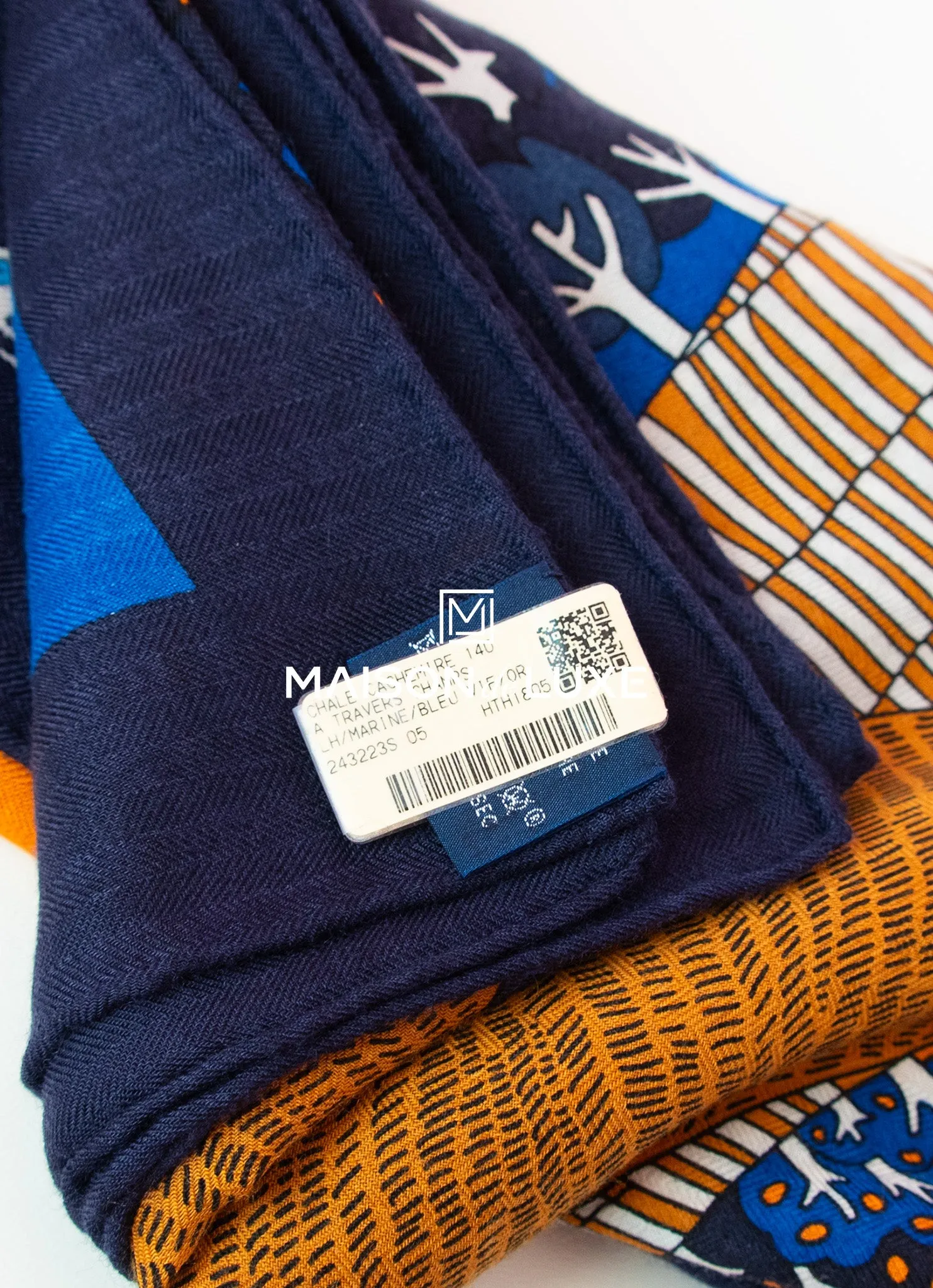 Hermes "A Travers Champs" Blue Cashmere 140 GM Shawl