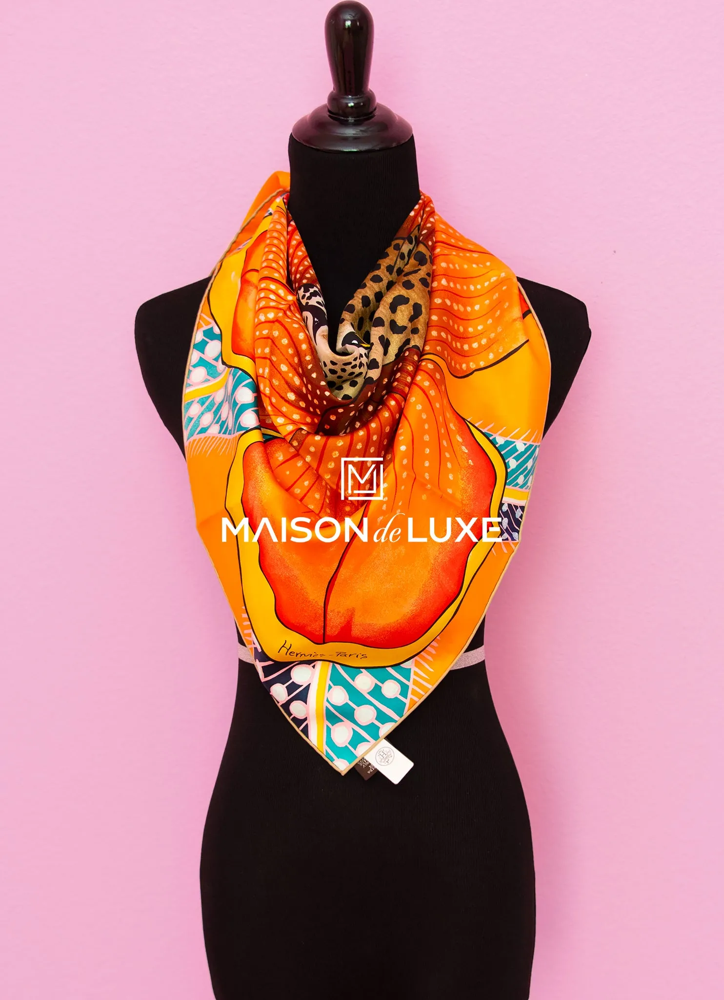 Hermes "Baobab Cat" Orange Twill Silk 90 cm Scarf