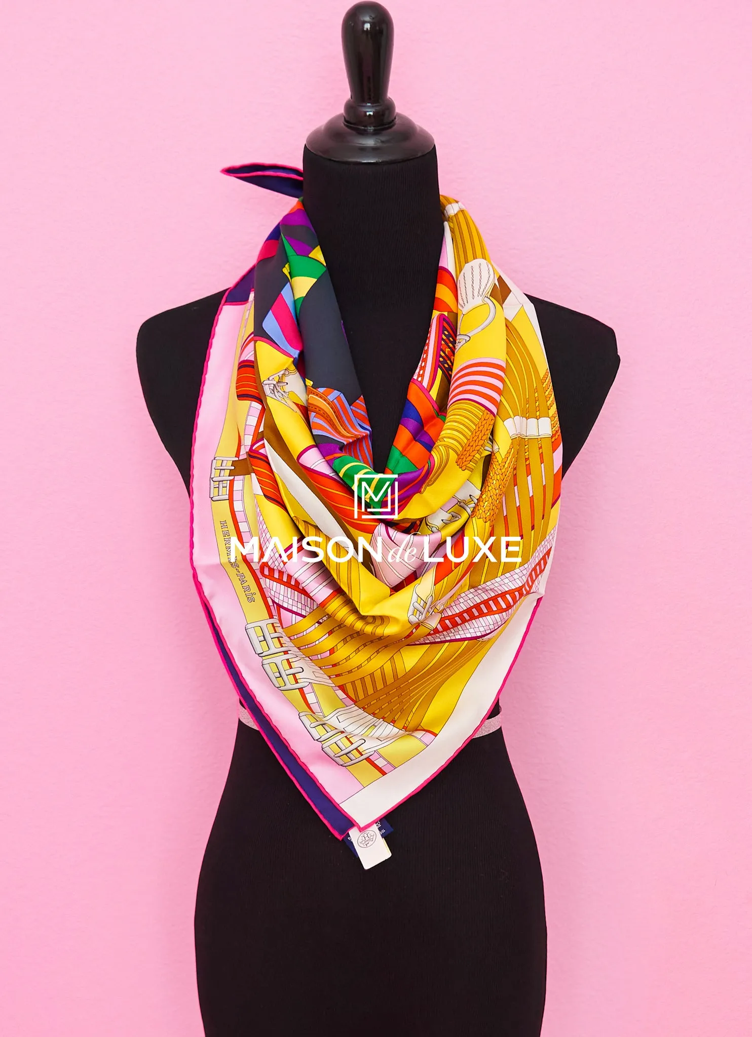 Hermes "Double Sangle" Yellow Twill Silk 90 cm Scarf