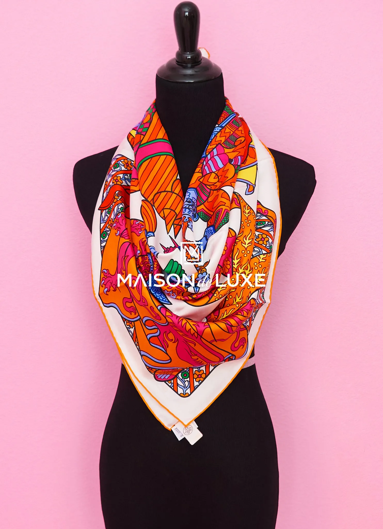 Hermes "Duels Oniriques" White Twill Silk 90 cm Scarf