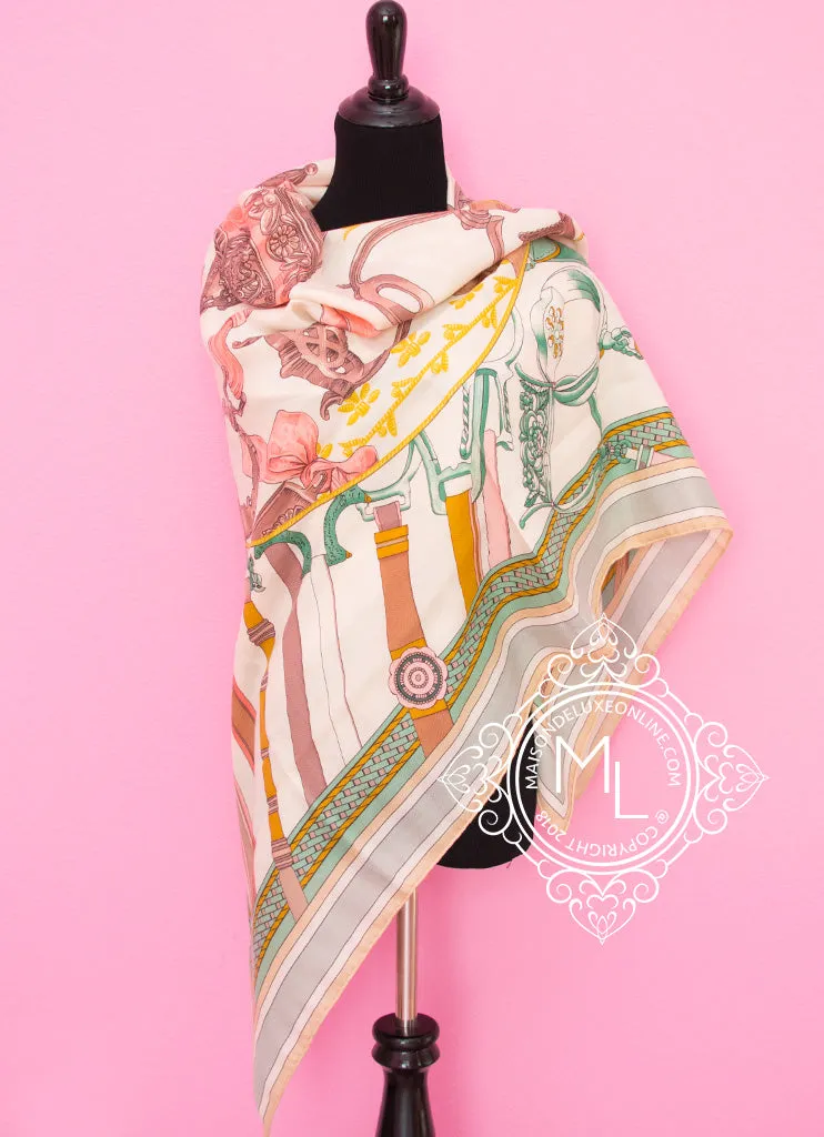 Hermes "Duo d'Etriers" Blanc Rose Cashmere 140 GM Shawl Scarf