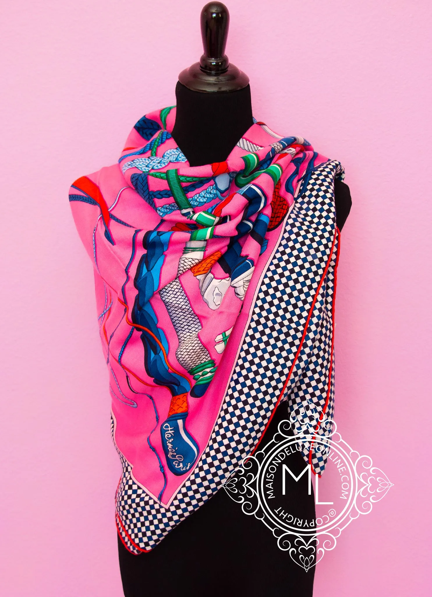 Hermes "Fouets et Badines" Pink Cashmere 140 GM Shawl Scarf