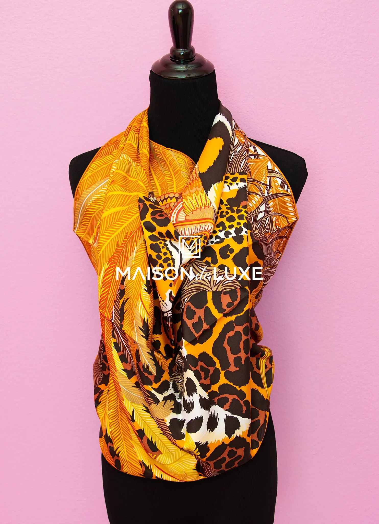 Hermes "Jaguar Quetzal" Yellow Twill Silk 90 cm Scarf