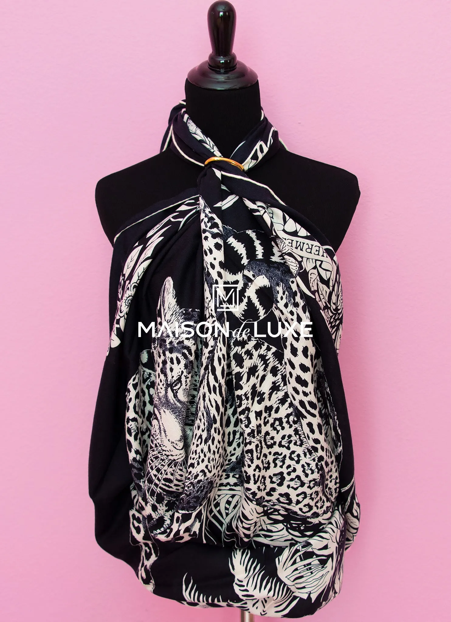 Hermes "Jungle Love Tattoo" Black Cashmere 140 GM Shawl Scarf