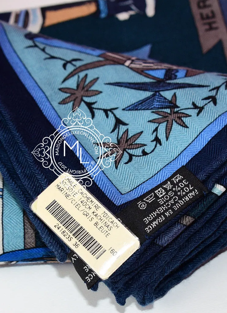 Hermes "Kachinas" Ciel Marine Cashmere 140 GM Shawl Scarf