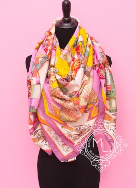 Hermes "Kachinas" Pink Yellow Cashmere 140 GM Shawl Scarf