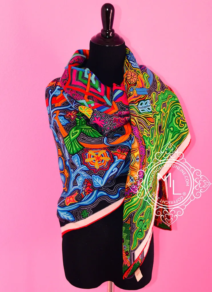 Hermes "L'Arbre du Vent" Fuchsia Vert Cashmere 140 GM Shawl Scarf