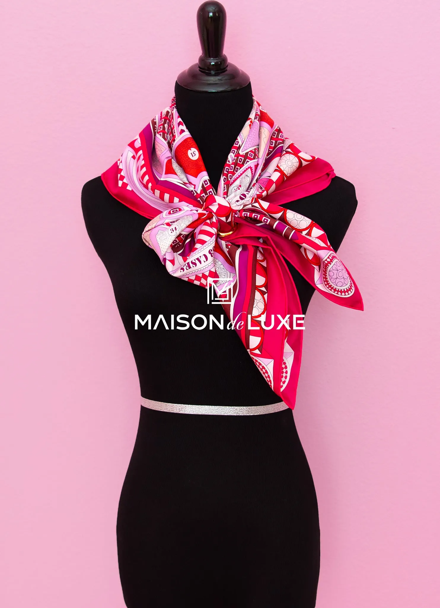 Hermes "Le Tour du Monde en 63 Cases" Fuchsia Twill Silk 90 cm Scarf