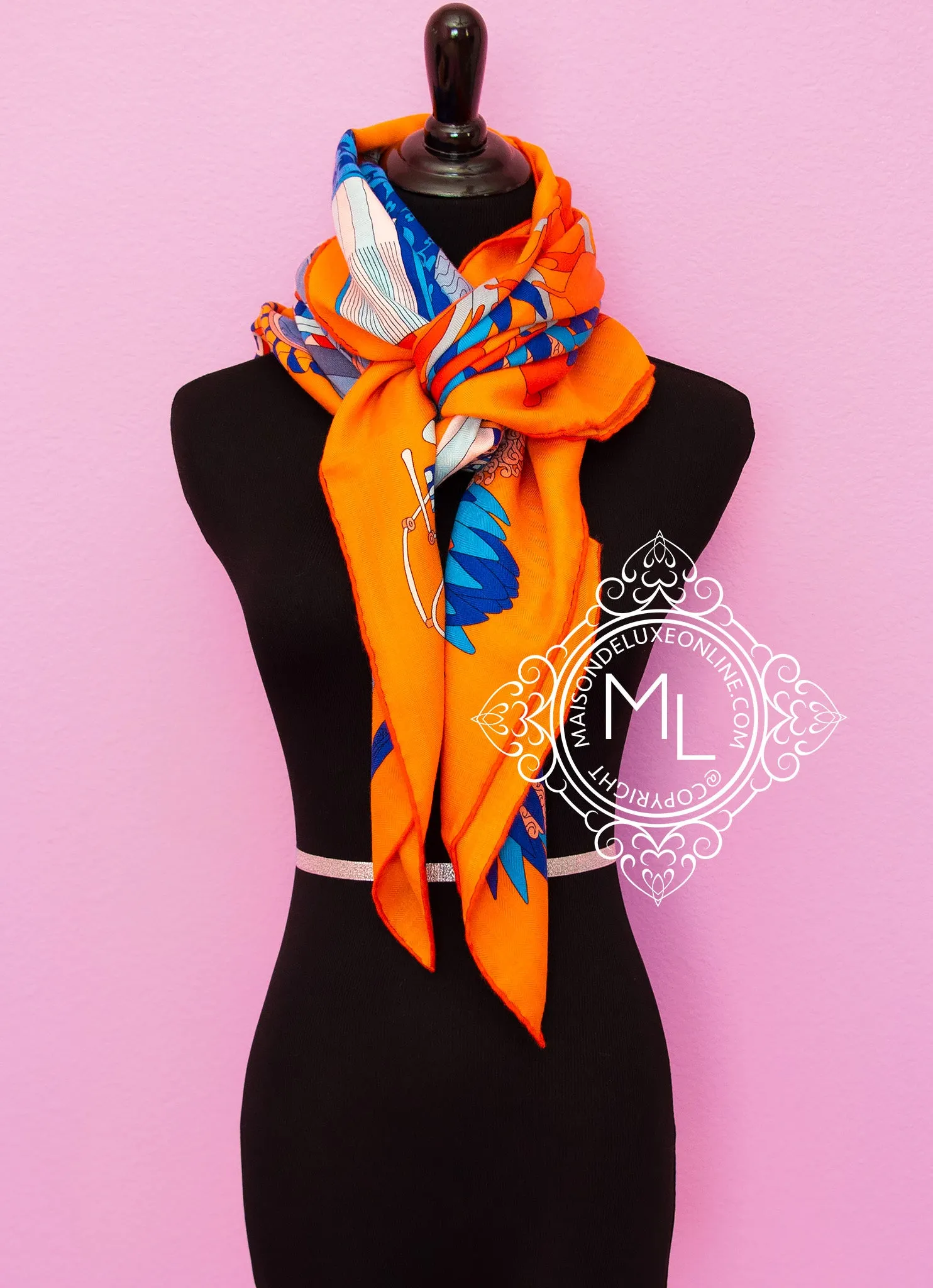 Hermes "Les Tresors d'un Artiste" Orange Cashmere 140 GM Shawl Scarf