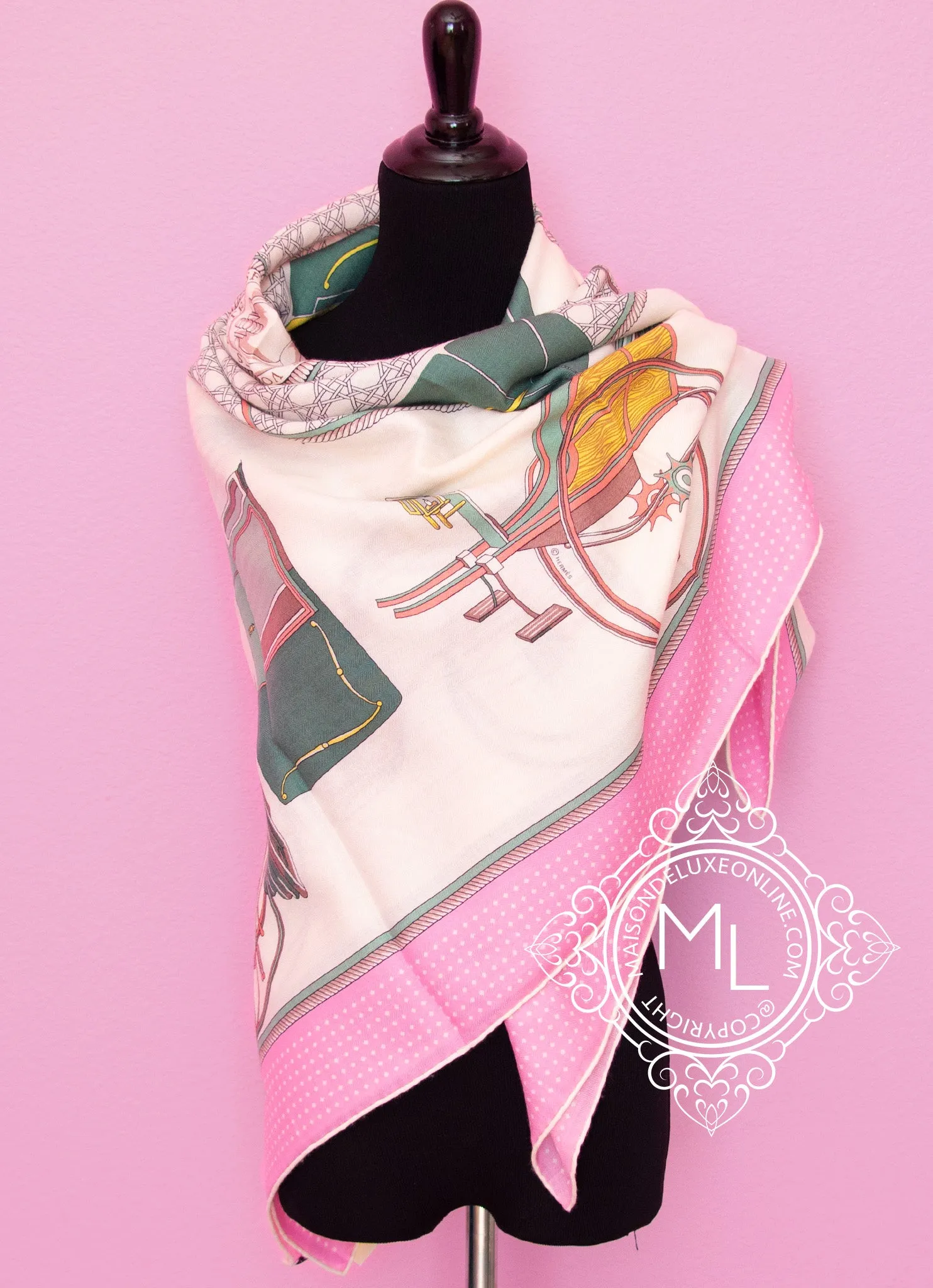 Hermes "Les Voitures à a Transformation" Pink Cashmere 140 GM Shawl Scarf