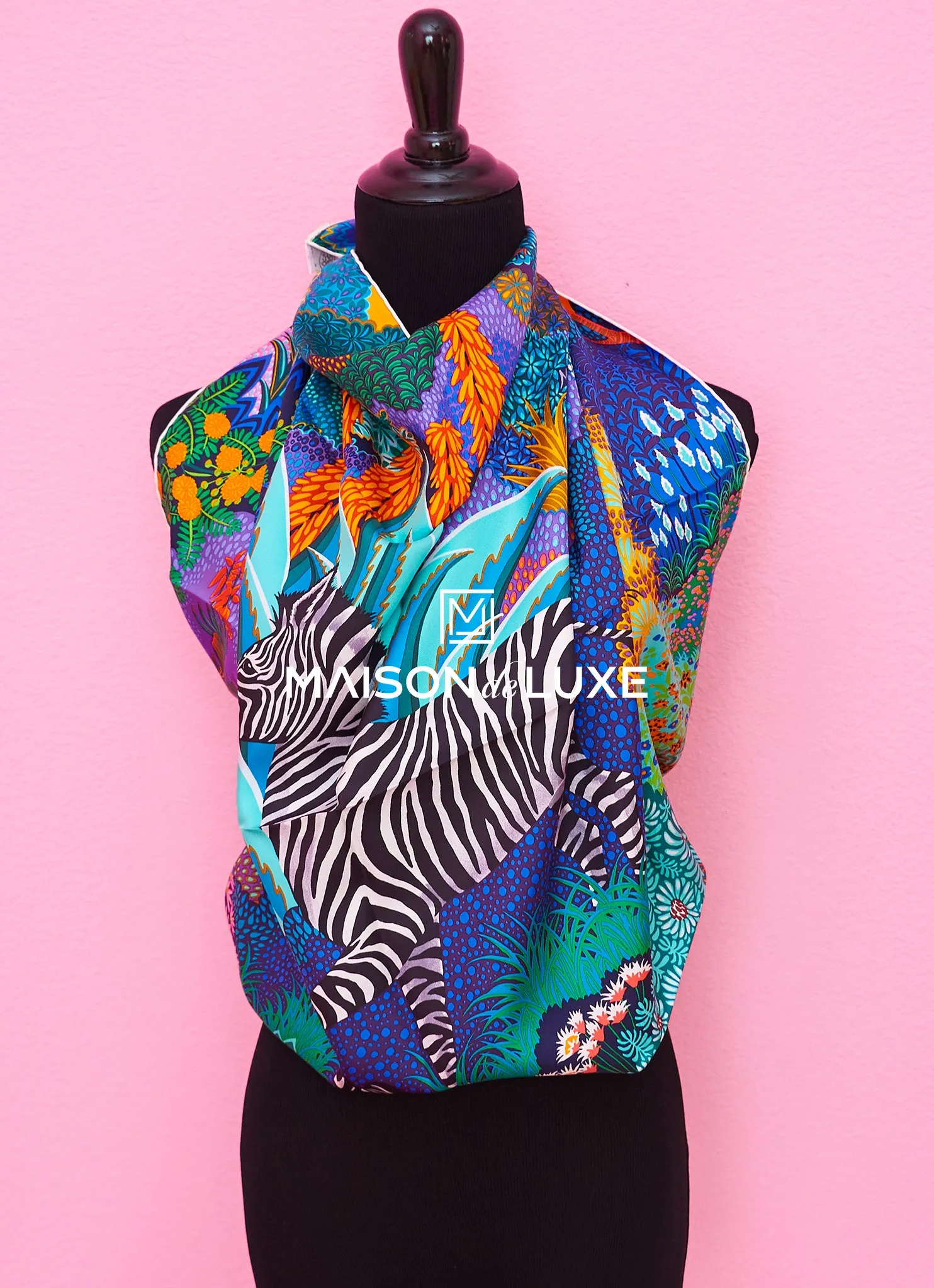 Hermes "Mountain Zebra" Blue Twill Silk 90 cm Scarf