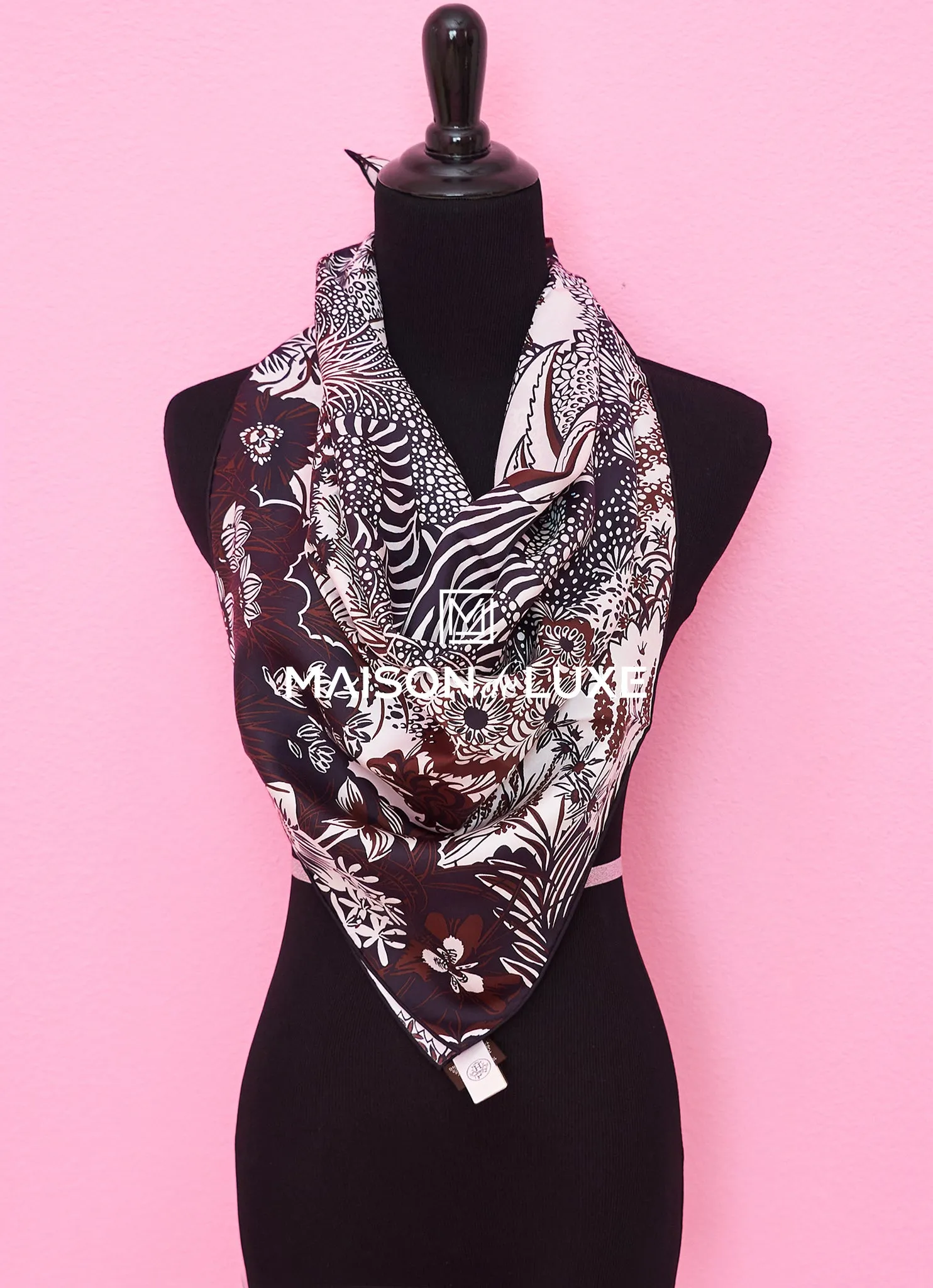 Hermes "Mountain Zebra" Marron Twill Silk 90 cm Scarf