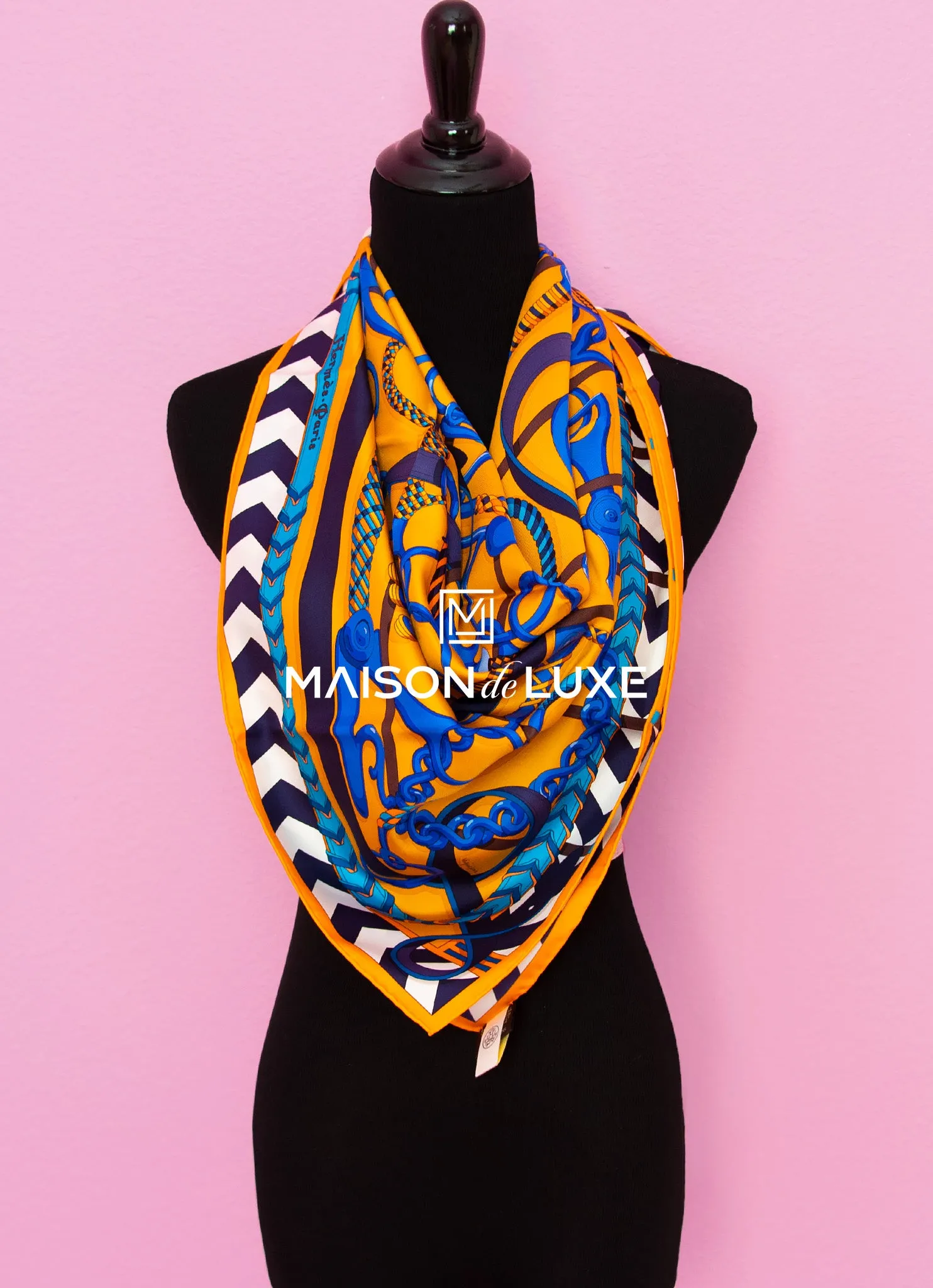 Hermes "Panoplie Equestre" Orange Twill Silk 90 cm Scarf