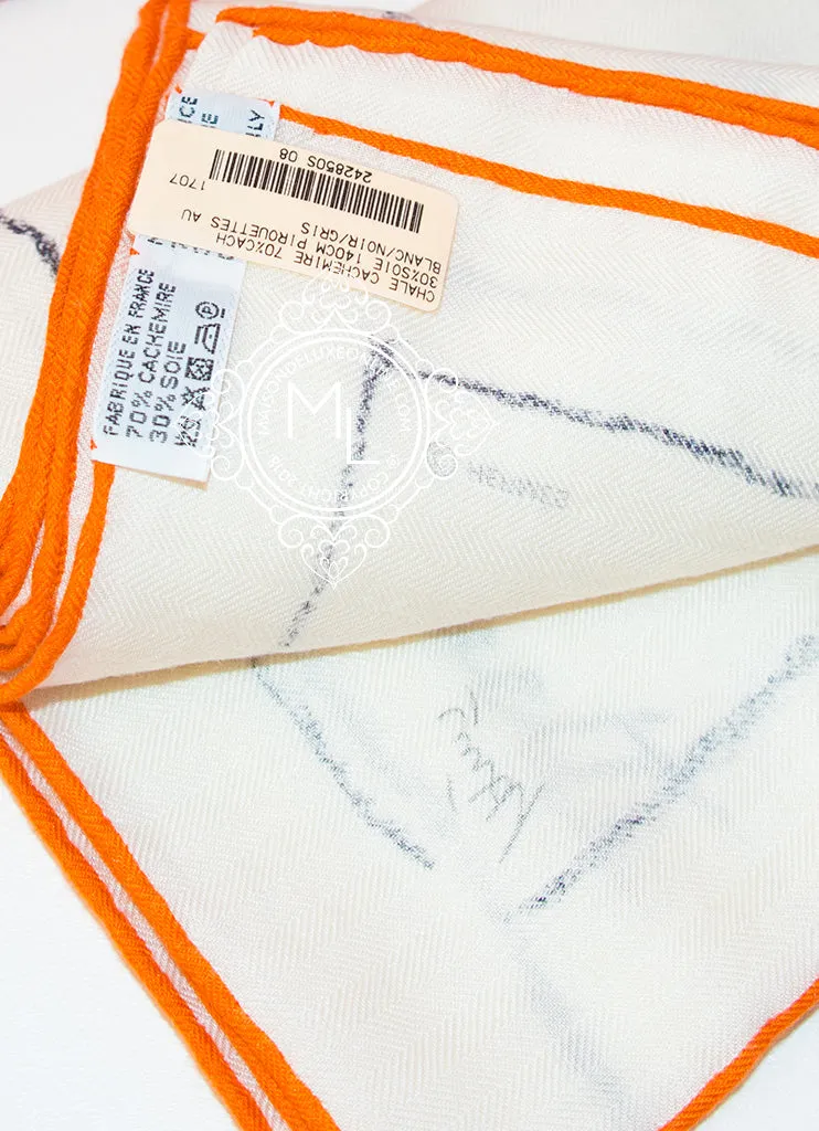 Hermes "Pirouette au Galop" White Cashmere 140 GM Shawl Scarf