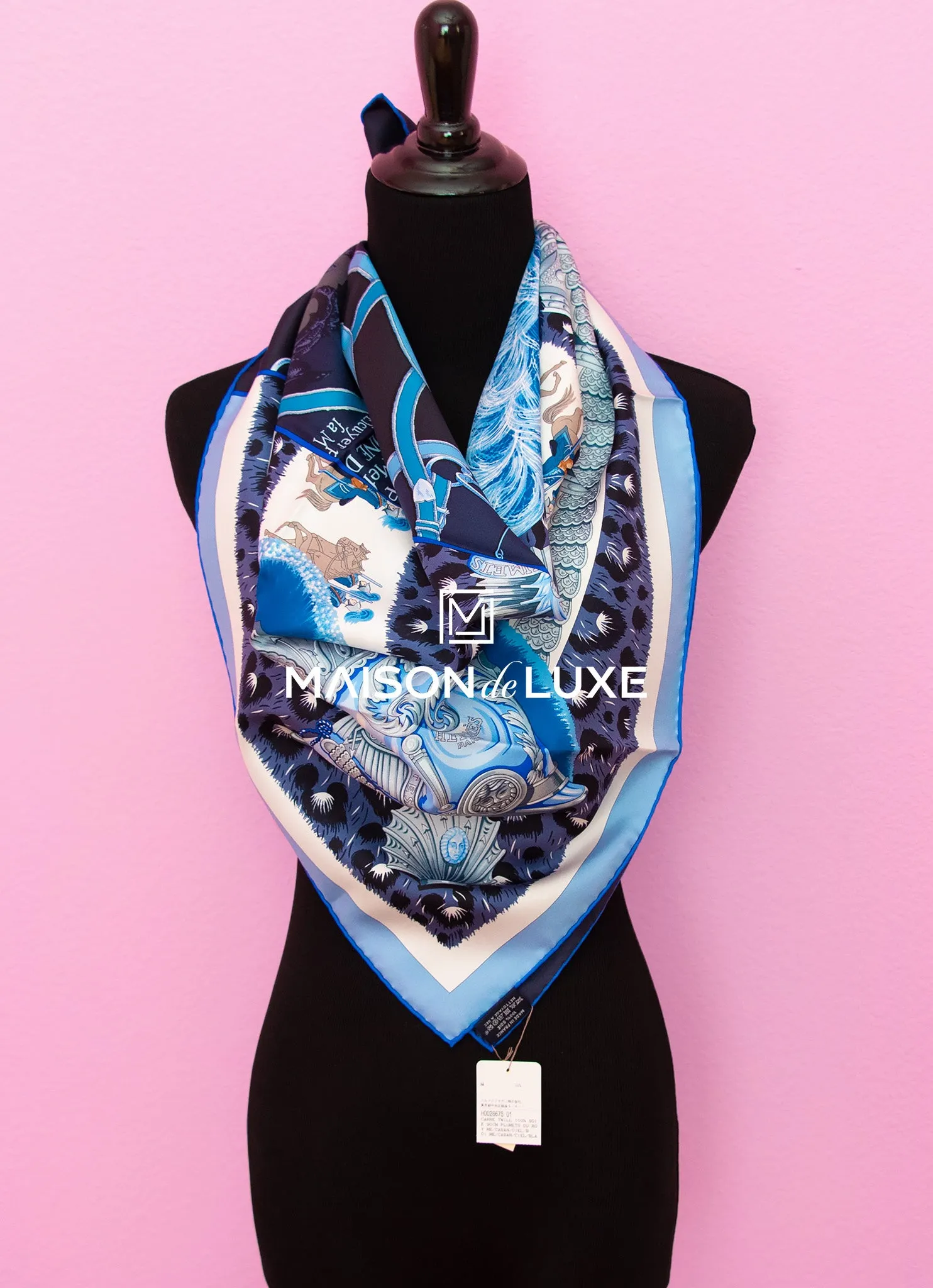 Hermes "Plumets du Roy" Blue Twill Silk 90 cm Scarf