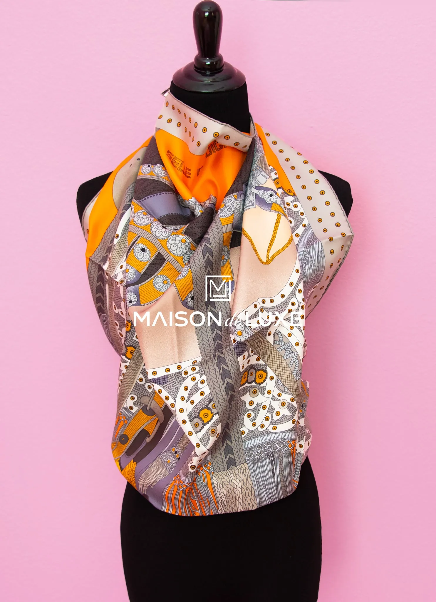 Hermes "Selle de Dignitaire" Orange Twill Silk 90 cm Scarf