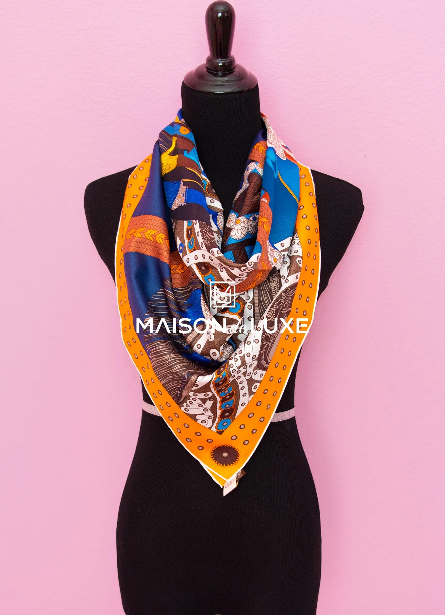 Hermes "Selle de Dignitaire" Orange Twill Silk 90 cm Scarf