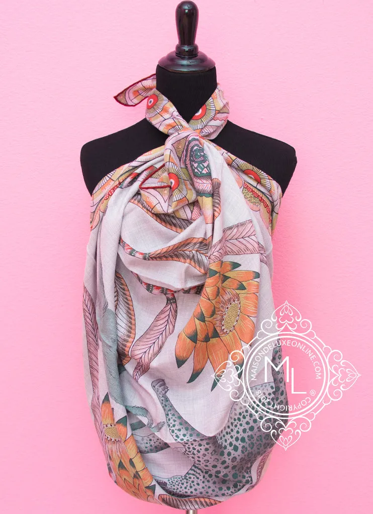 Hermes "The Savana Dance" Gray Cashmere 140 GM Shawl Scarf