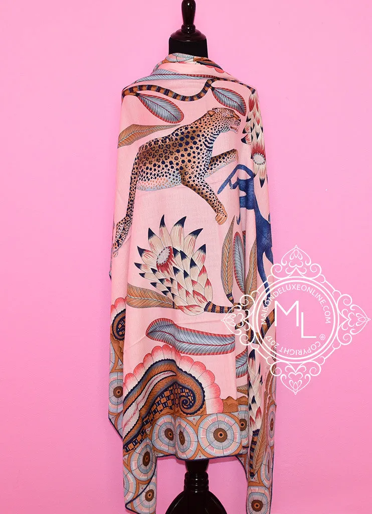 Hermes "The Savana Dance" Pink Cashmere 140 GM Shawl Scarf