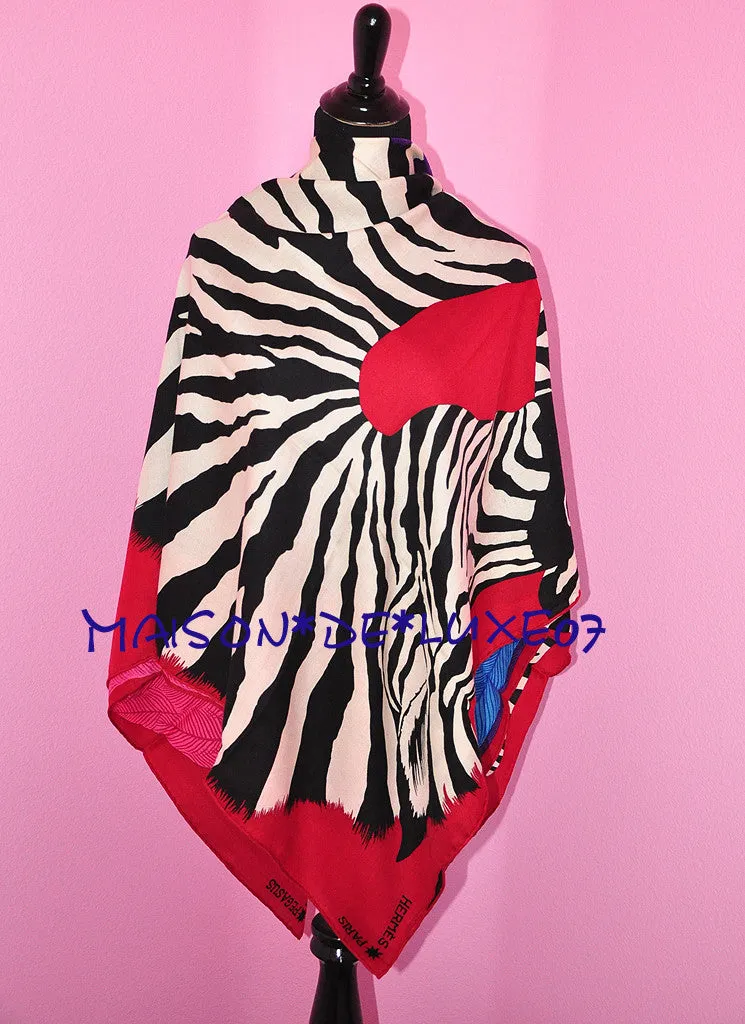 Hermes "Zebra Pegasus" Pink Blue Cashmere 140 GM Shawl Scarf