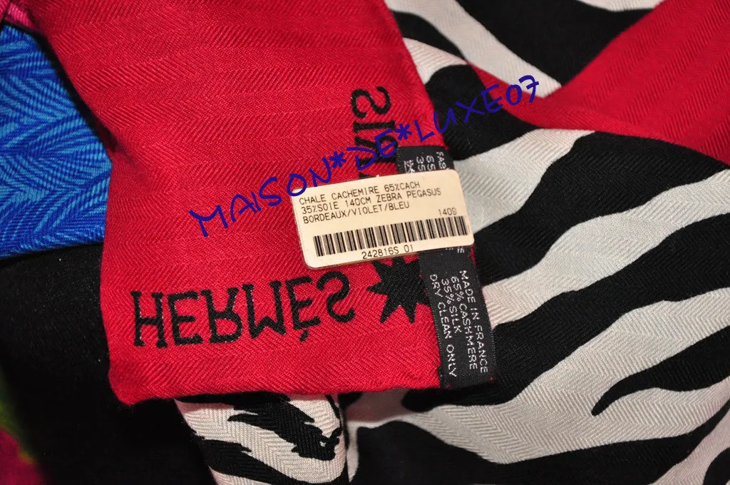 Hermes "Zebra Pegasus" Pink Blue Cashmere 140 GM Shawl Scarf