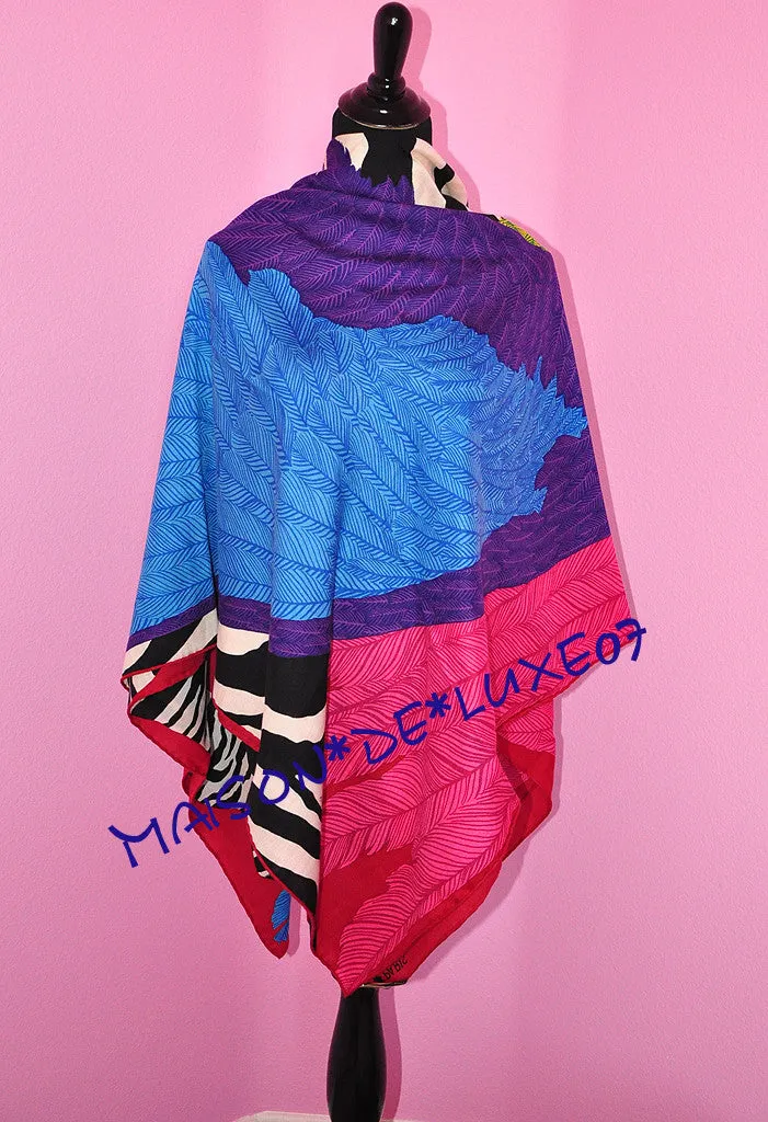 Hermes "Zebra Pegasus" Pink Blue Cashmere 140 GM Shawl Scarf