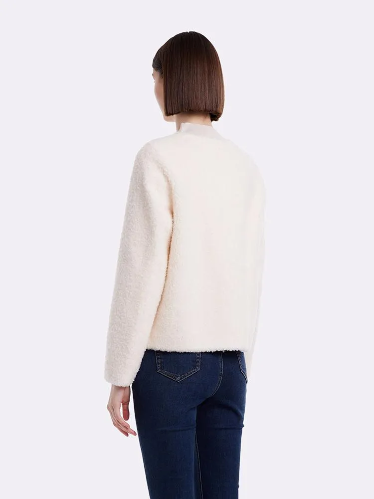 Lamb Wool Round Neck Crop Women Coat