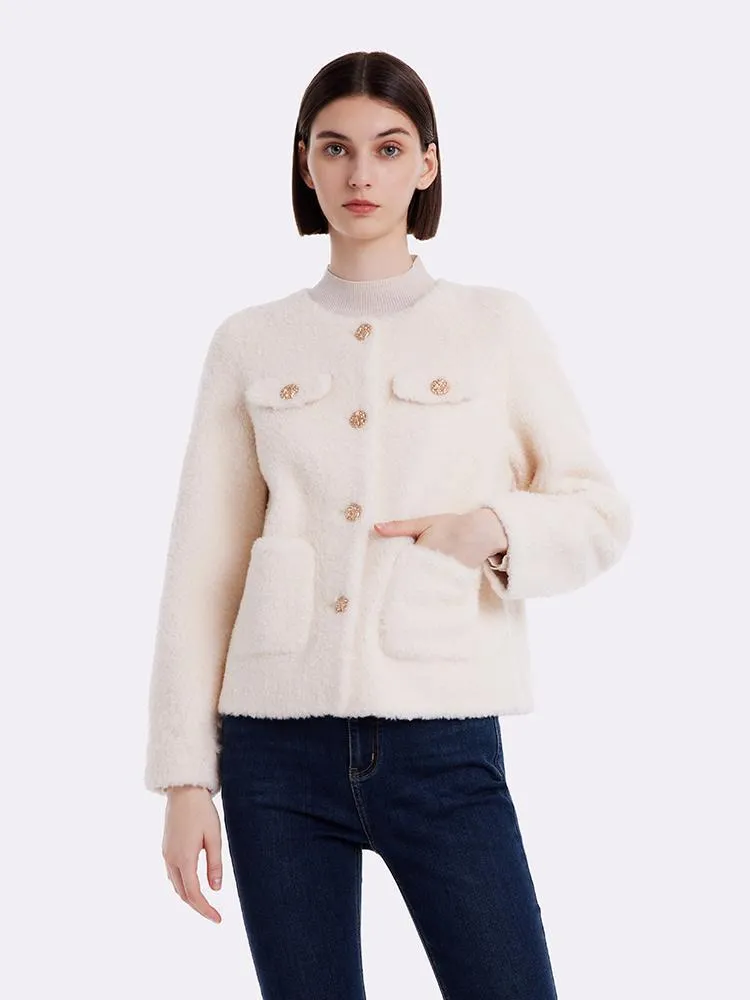 Lamb Wool Round Neck Crop Women Coat