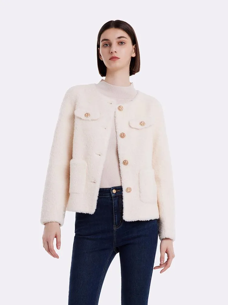 Lamb Wool Round Neck Crop Women Coat