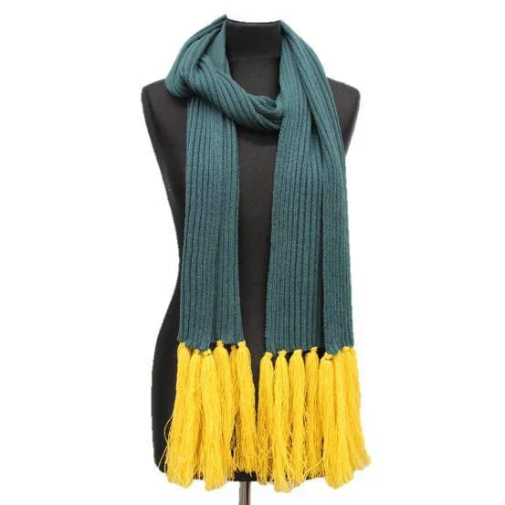 Long Length Scarf With Contrasting Fringe - Yellow/Dark Green